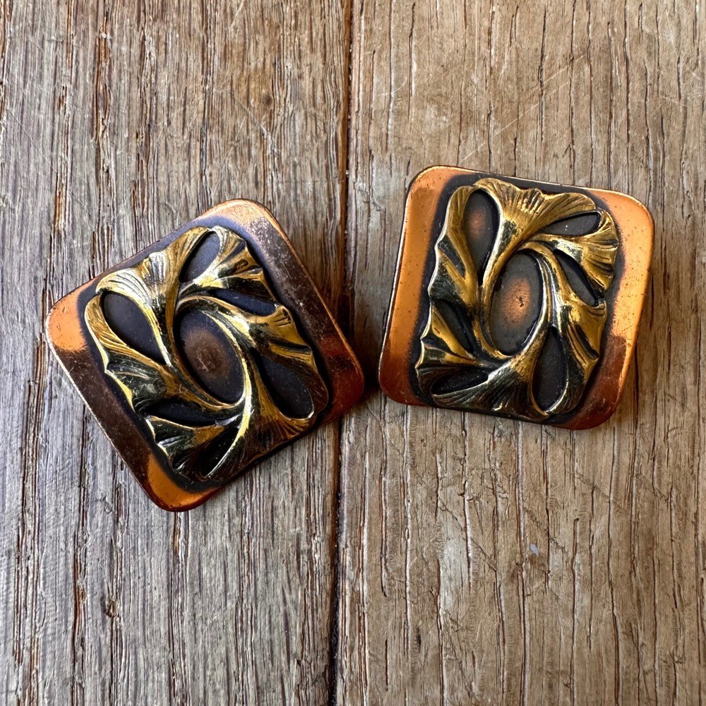 1970s‎ Clip On Earrings Women OS Ginkgo Leaf Square Copper Gold Tone Formal - Picture 2 of 6
